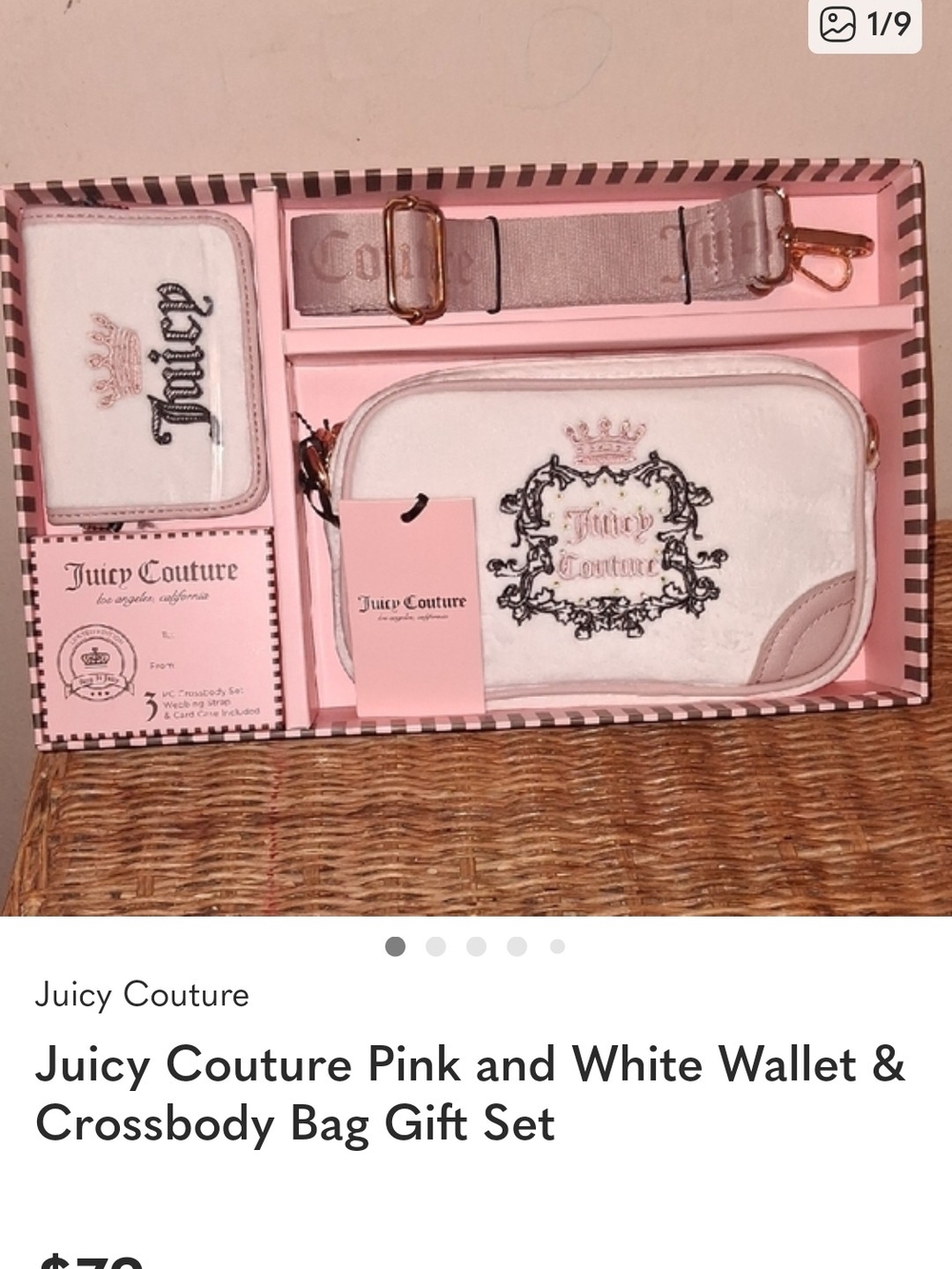 NWT Juicy Couture Pink & White Embroidered Crossbody Set W/Wallet